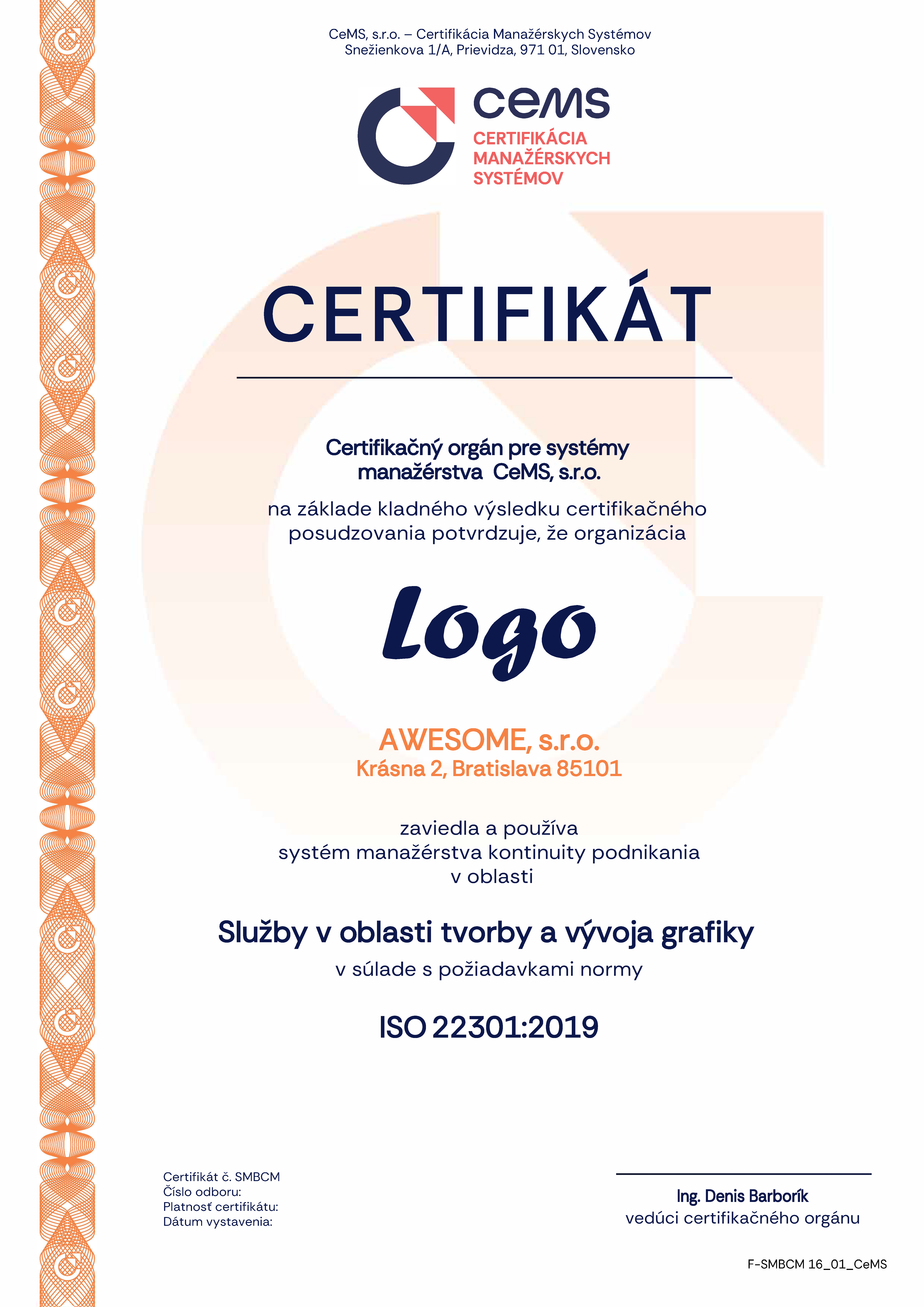 vzor certifikátu ISO 22301 od CeMS